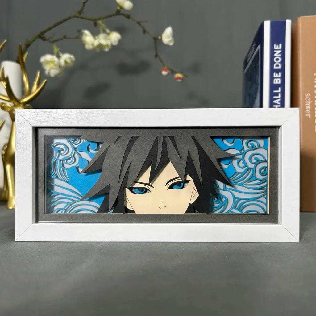 Demon Slayer light box featuring Giyu Tomioka with intense gaze and glowing details.