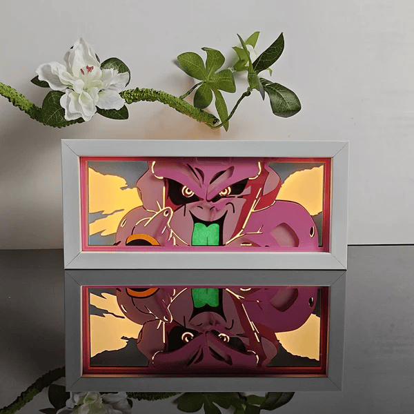 Kid Buu Dragon Ball light box with glowing pink design, highlighting Majin Buu's menacing energy. Eco-friendly material. Perfect for fans.