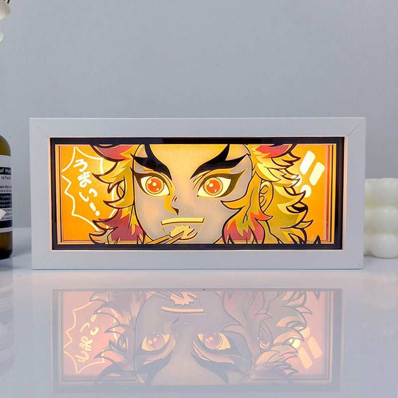 Kyojuro Rengoku Demon Slayer light box with fiery glow and iconic pose.