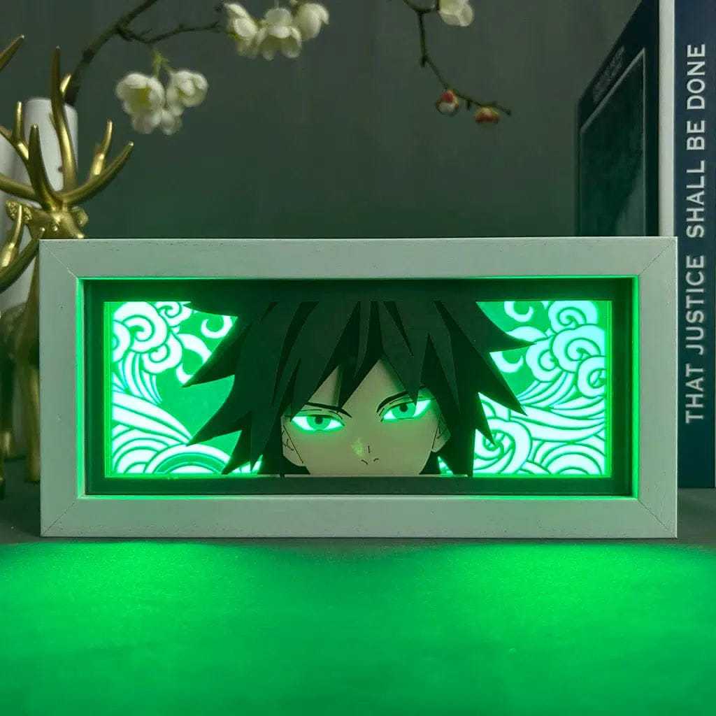 Giyu Tomioka Demon Slayer light box with glowing green illumination, highlighting his intense gaze and dark hair.