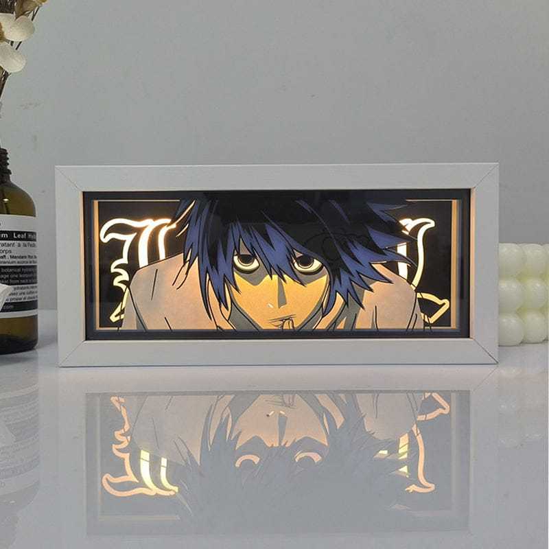 Death Note light box featuring L Lawliet in signature pose with eerie glow.