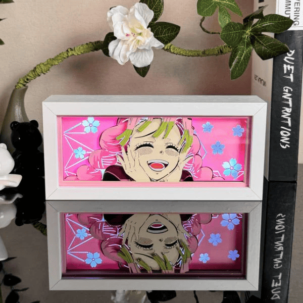 Mitsuri Kanroji Demon Slayer light box with pink and green hair design, featuring flowers and vibrant illumination.