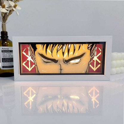 Guts - Berserk Light Box featuring Guts in iconic pose, emits bold atmospheric glow, eco-friendly.