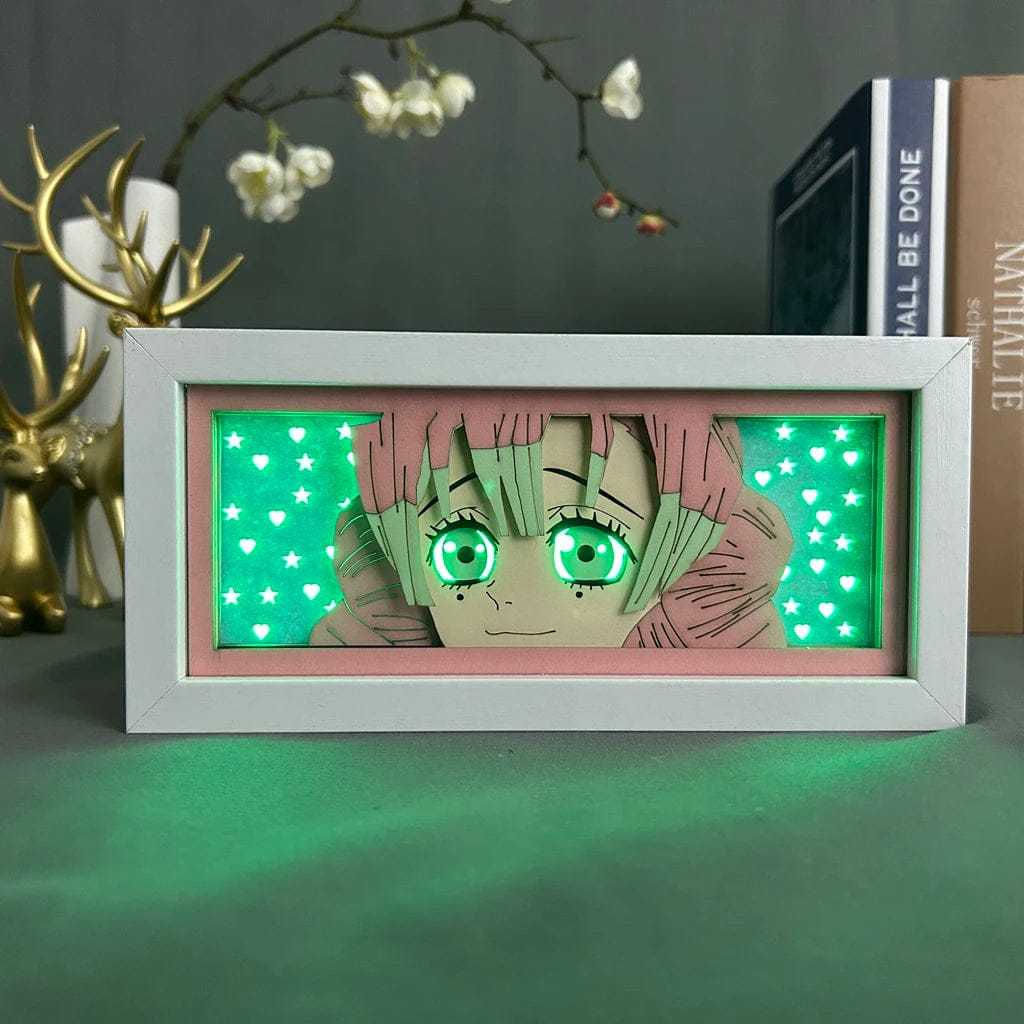 Mitsuri Kanroji Demon Slayer light box with glowing green illumination and vibrant pink and green hair.