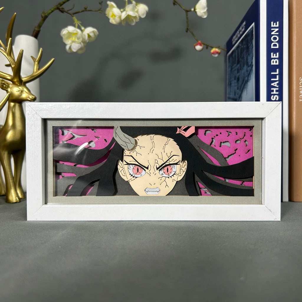 Nezuko Kamado Demon Slayer light box with glowing pink eyes and bamboo muzzle.