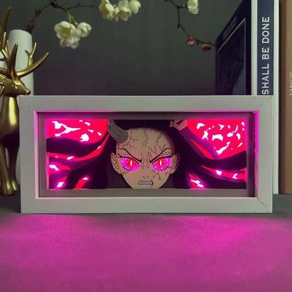 Nezuko Kamado Demon Slayer light box with glowing pink eyes and bamboo muzzle.