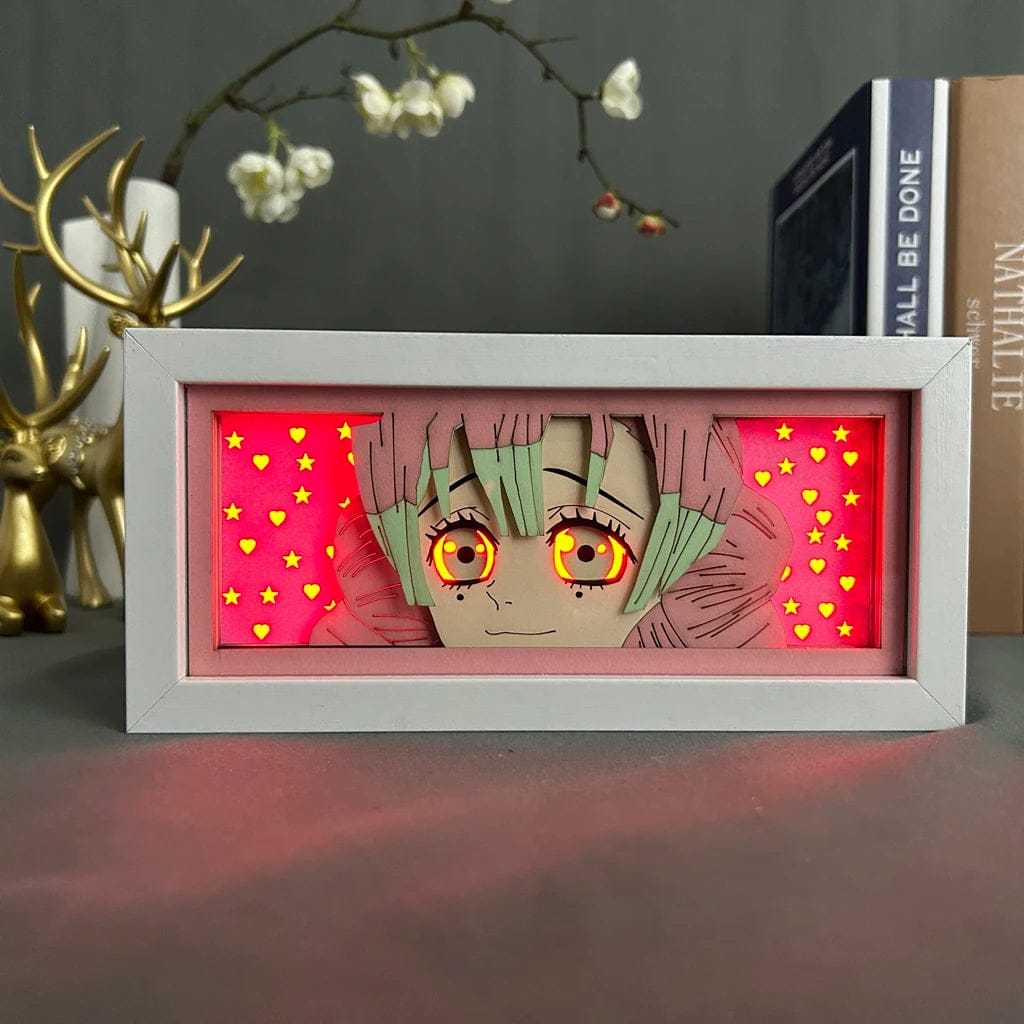 Mitsuri Kanroji Demon Slayer light box with glowing pink and green hair, expressive eyes, eco-friendly materials.