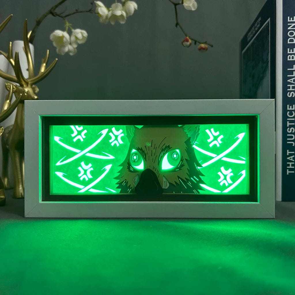 Hashibira Inosuke Demon Slayer light box featuring boar mask and glowing green illumination.