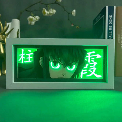 Muichiro Tokito Demon Slayer light box with glowing green background and sharp gaze.