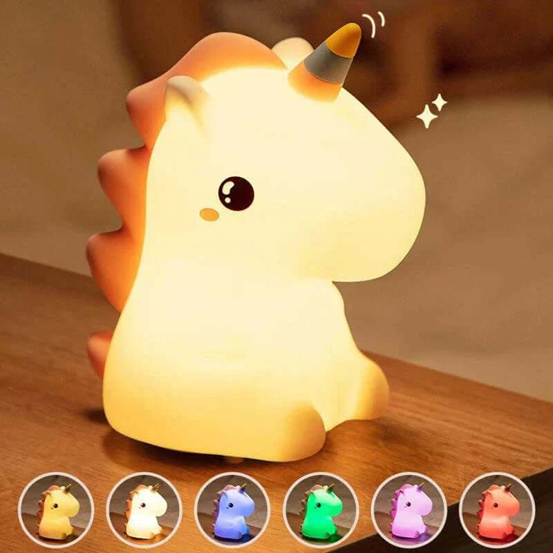 Cute unicorn night light with USB rechargeable and touch-activated features.