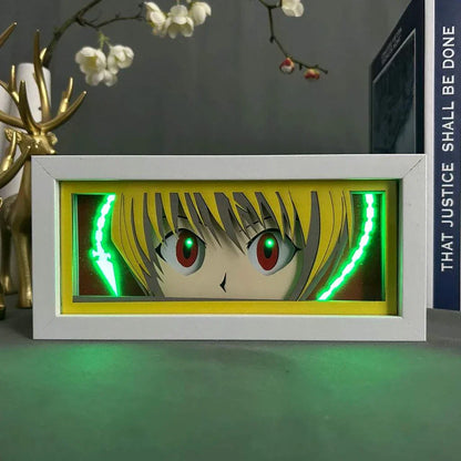 Kurapika Hunter x Hunter light box with glowing scarlet eyes and Nen chains.