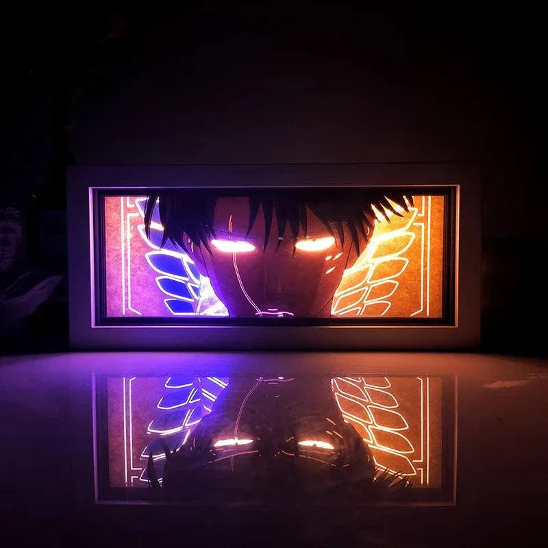 Levi Ackerman Attack on Titan light box with dynamic lighting and iconic stance, eco-friendly materials.