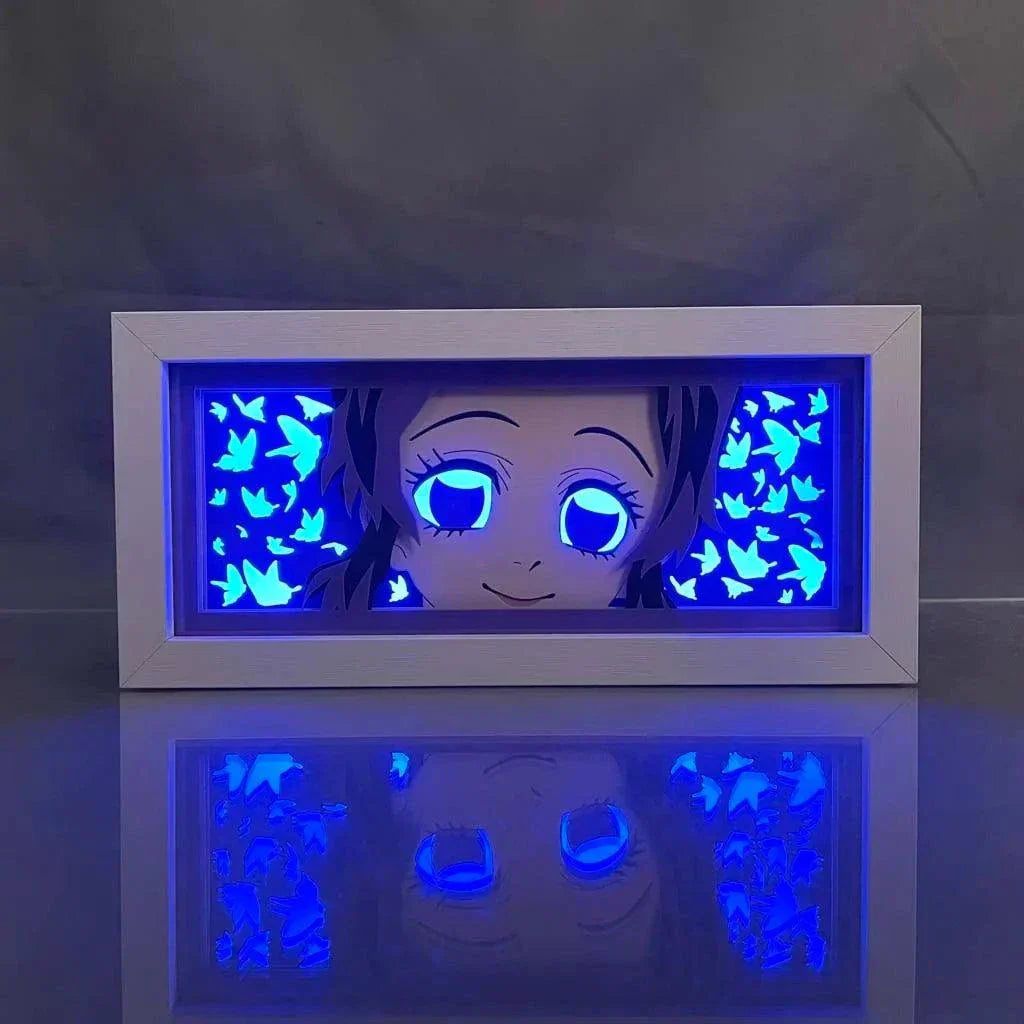 Kochou Shinobu Demon Slayer light box with serene expression and glowing blue butterflies.