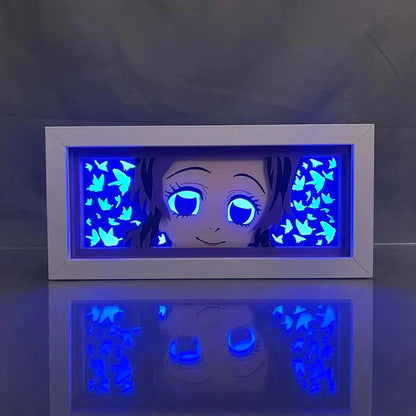 Kochou Shinobu Demon Slayer light box with serene expression and glowing blue butterflies.