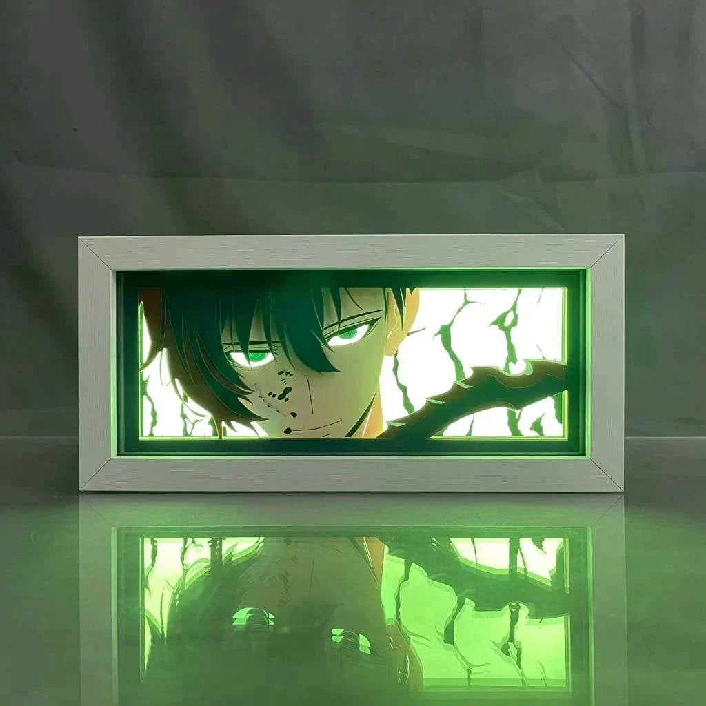 Sung Jin Woo Solo Leveling light box with glowing illustration of Shadow Monarch form.