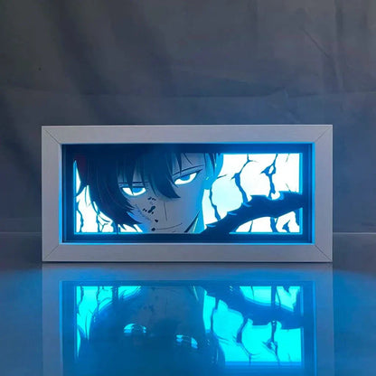 Sung Jin Woo Solo Leveling light box featuring the Shadow Monarch with glowing details and shadow army in eco-friendly materials.