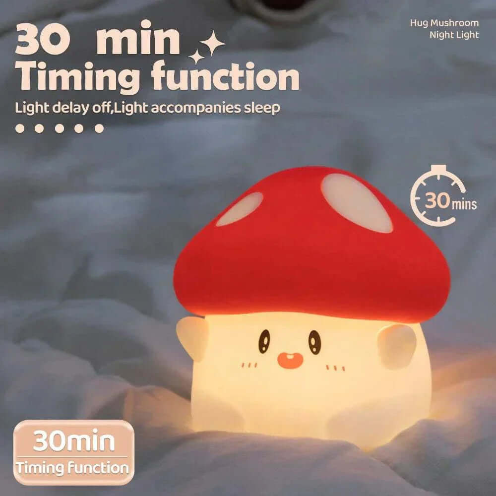 Adorable Mushrooms Night Light with timer function and soft glow for cozy ambiance.