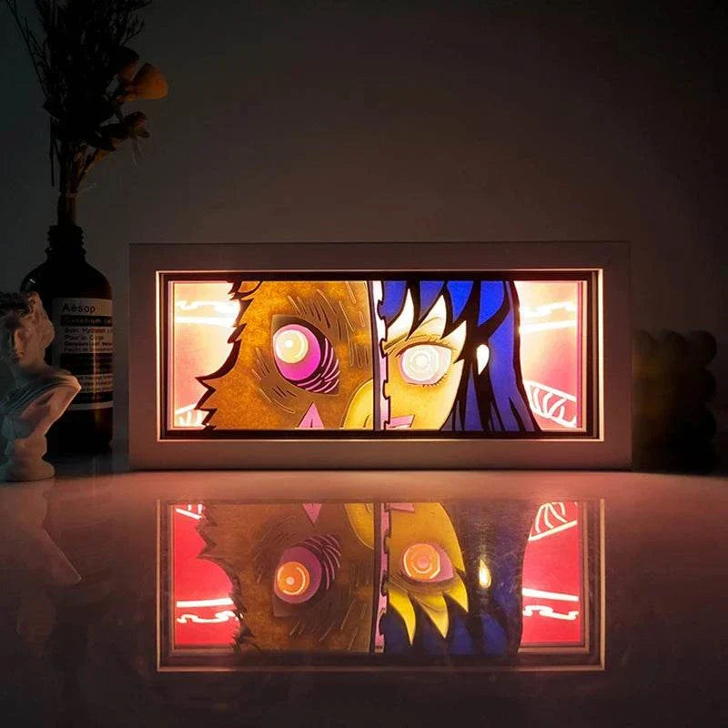 Inosuke Hashibira Demon Slayer light box with boar mask and vibrant glow.