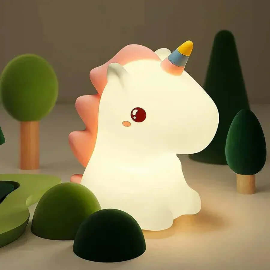 Cute unicorn night light with whimsical design, USB rechargeable and touch-activated, ideal for children's bedroom decor.