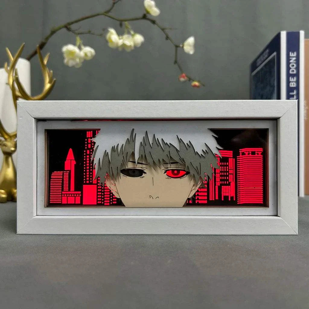 Ken Kaneki face with ghoul eye and mask in Tokyo Ghoul light box.