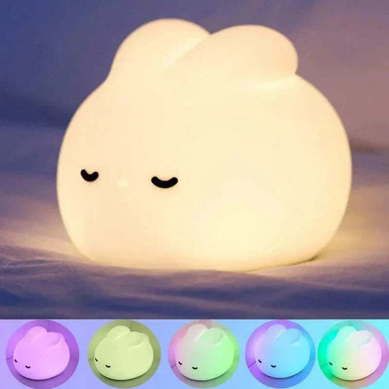 Baby Bunny Night Light with soft, calming glow, eco-friendly silicone, USB rechargeable design, perfect for children's bedrooms.