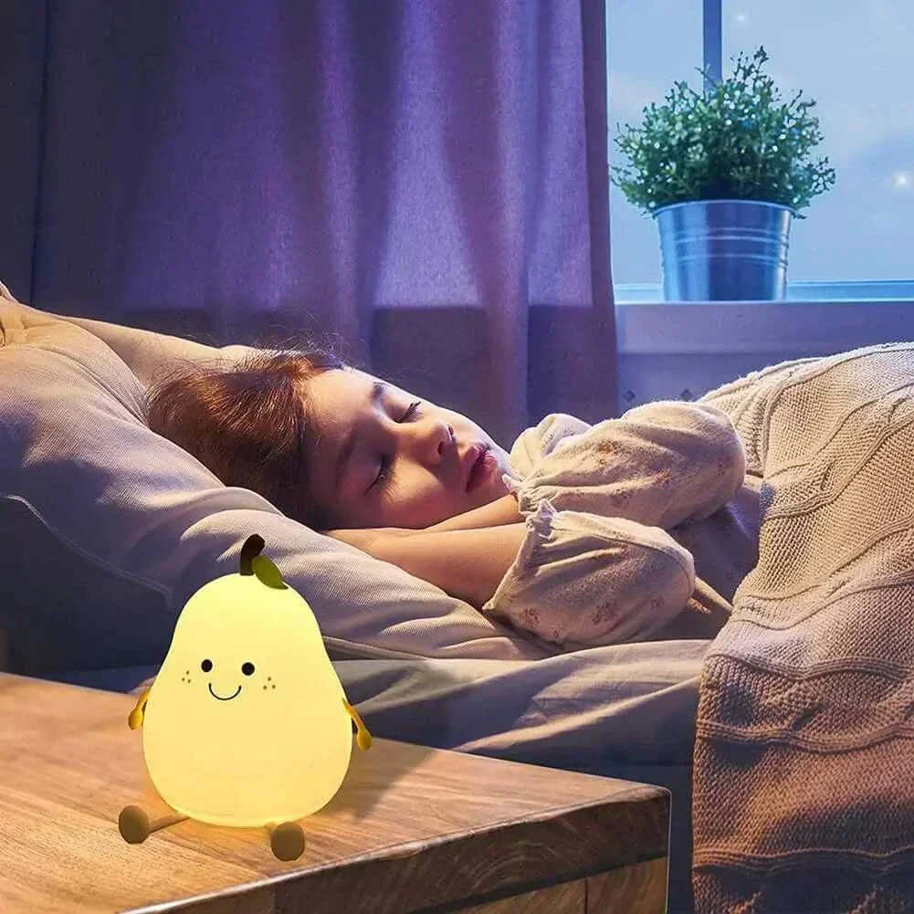 Happy Pear Night Light in child's bedroom with soothing glow and 7 color options.