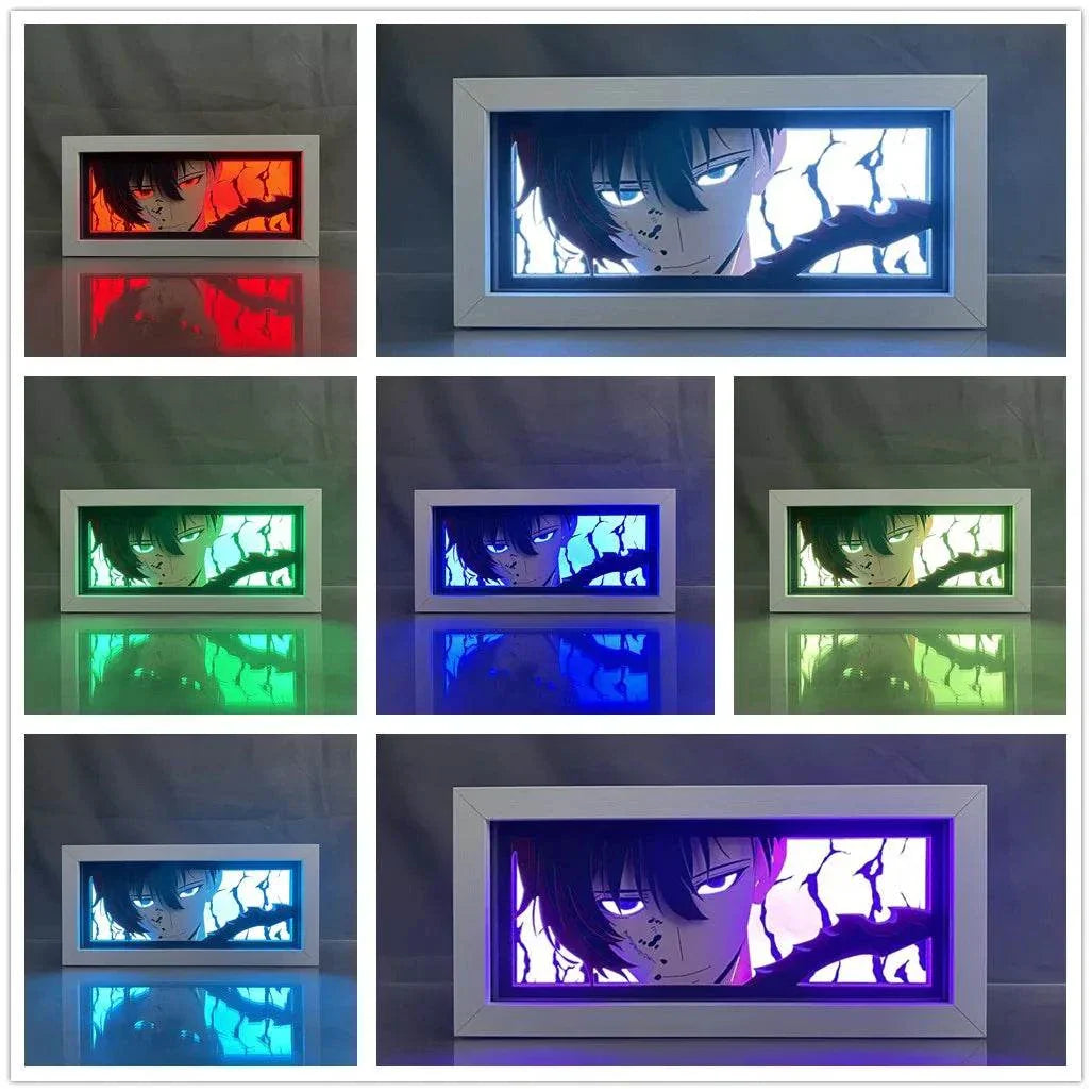 Sung Jin Woo Solo Leveling light box with glowing colorful frames highlighting his Shadow Monarch form.