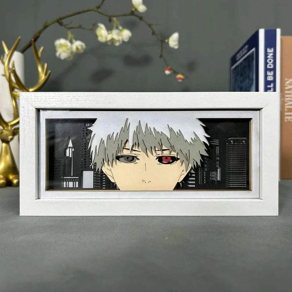 Ken Kaneki light box featuring close-up of face with ghoul eye and mask from Tokyo Ghoul series.