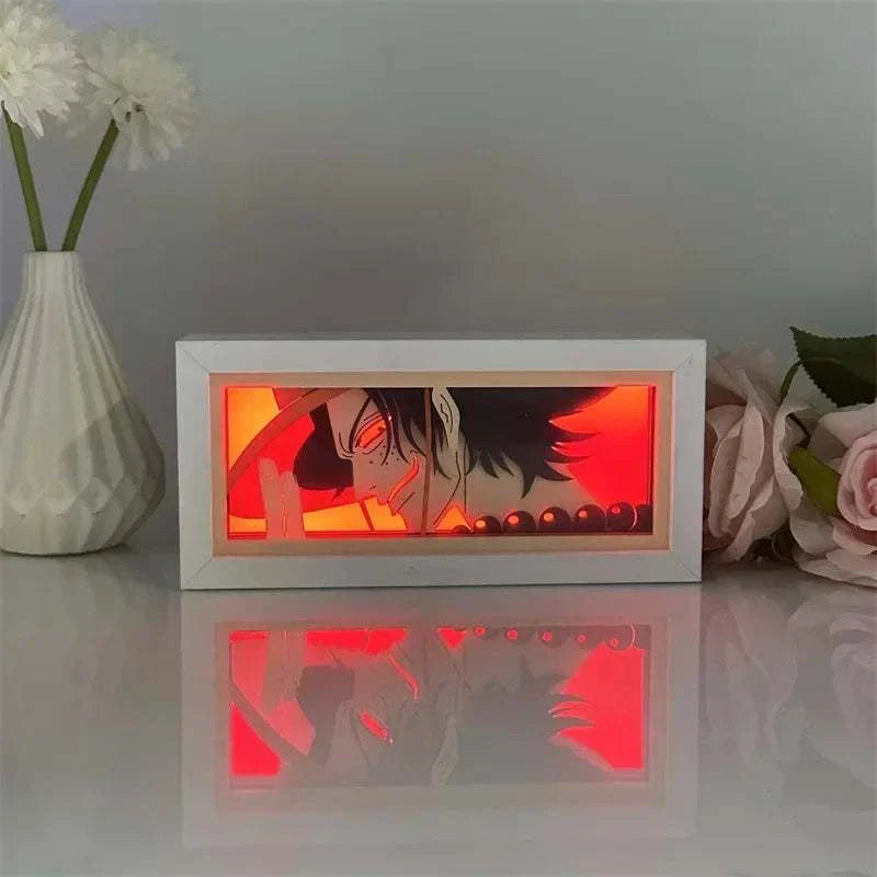 Portgas D Ace One Piece light box with glowing red flames and iconic character pose.