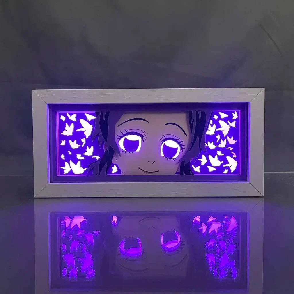 Kochou Shinobu Demon Slayer light box with glowing purple design and butterfly motifs.