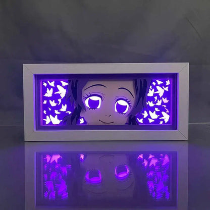 Kochou Shinobu Demon Slayer light box with glowing purple design and butterfly motifs.