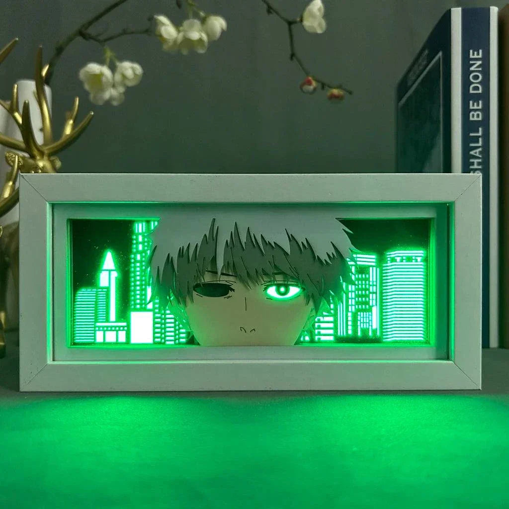 Ken Kaneki face light box with ghoul eye and mask, Tokyo Ghoul inspired design, illuminated green background.