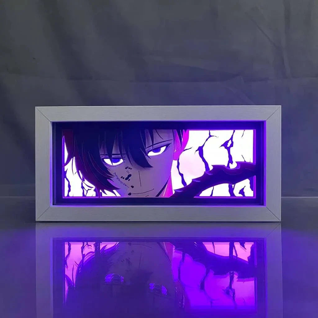 Sung Jin Woo Solo Leveling light box featuring purple illuminated design.