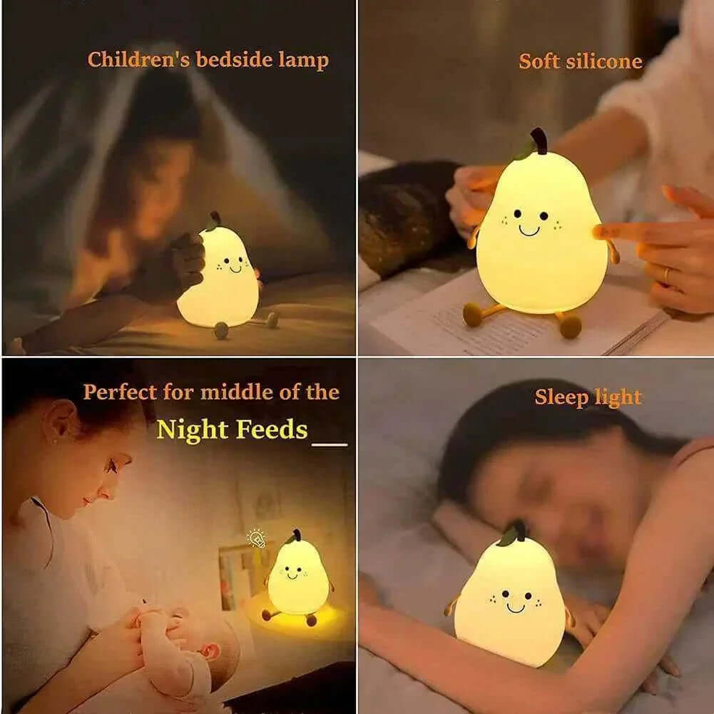 Pear-shaped silicone night light with soft glow and 7 color options, perfect for children's rooms.