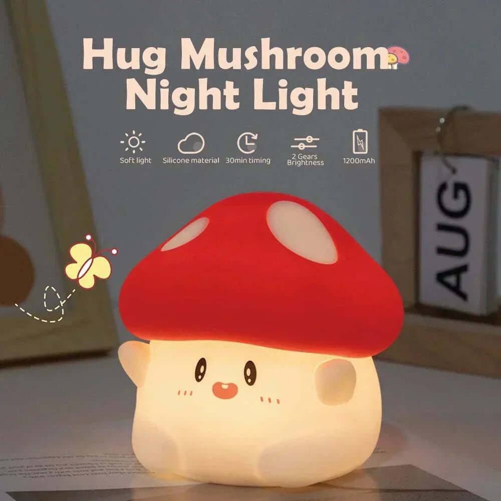 Adorable mushroom night light with soft dimmable glow, silicone material, and rechargeable feature.