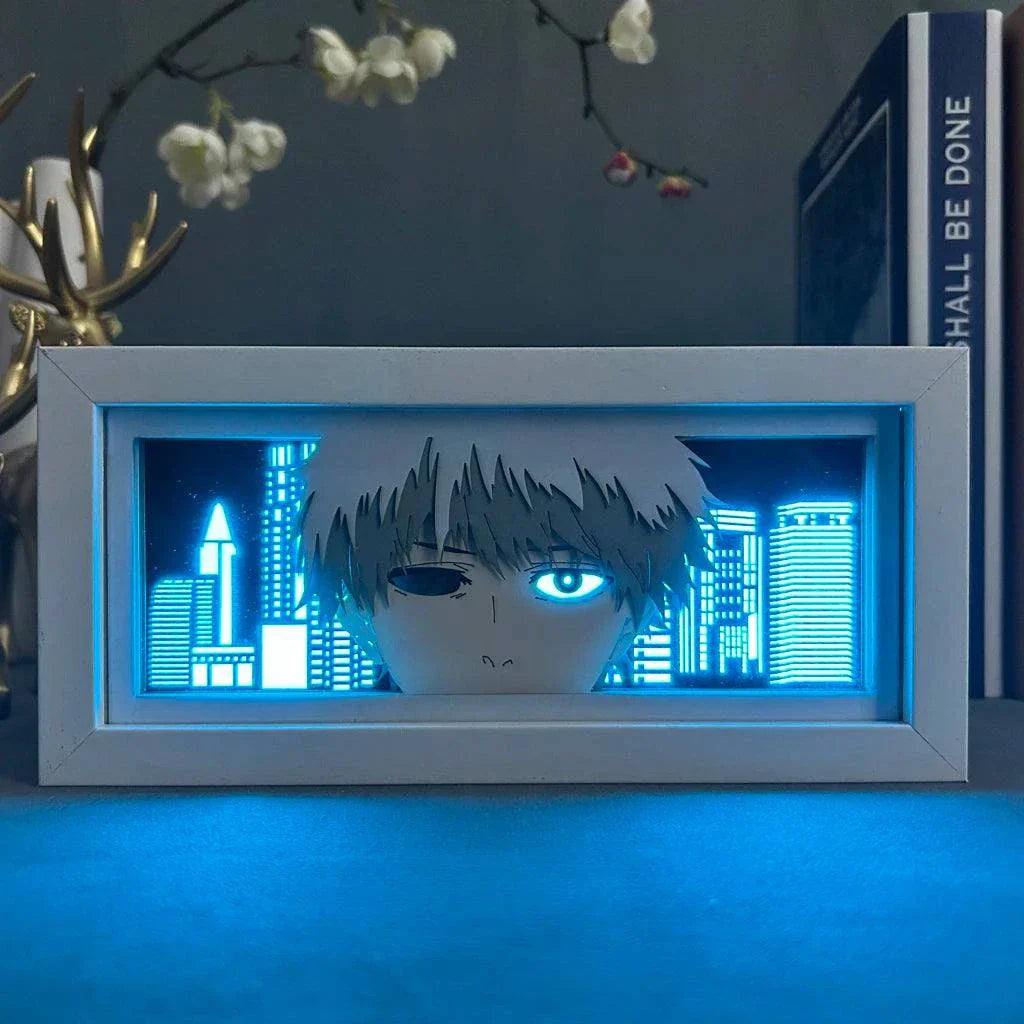 Ken Kaneki Tokyo Ghoul light box with glowing ghoul eye and mask in cityscape background.