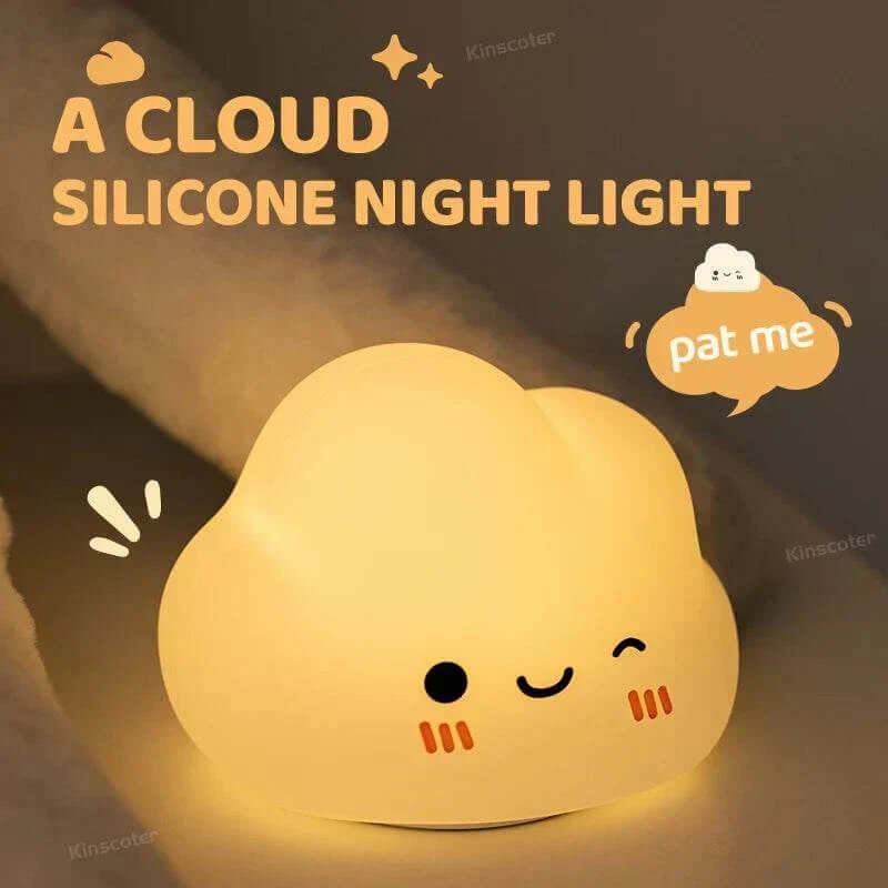 Cloud-shaped silicone night light providing gentle dimmable glow, ideal for children's rooms.