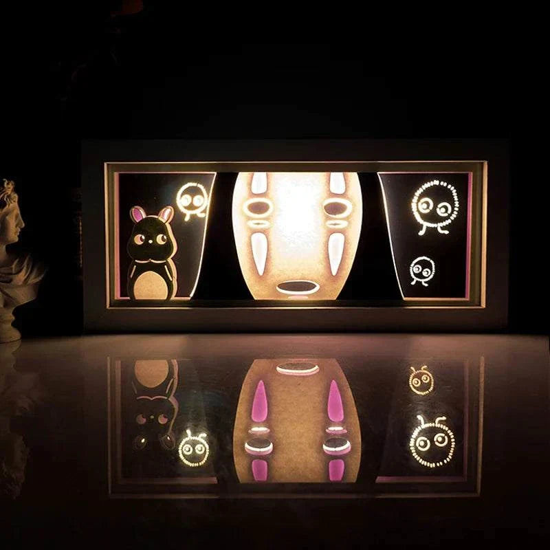 No Face Spirited Away light box with glowing design, eco-friendly materials, ambient lighting.