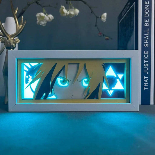 Edward Elric Fullmetal Alchemist light box displaying alchemical symbols and automail arm in a glowing design.