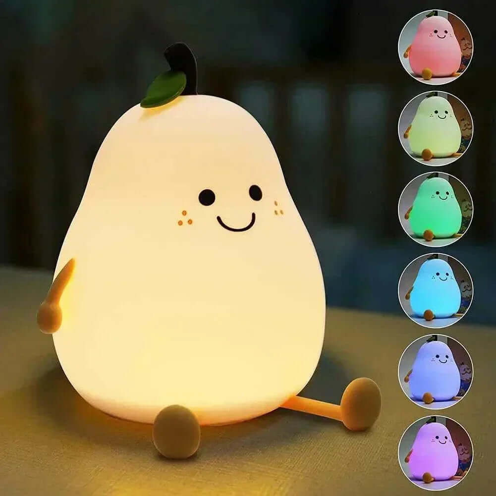 Happy Pear Night Light with 7 color options, soft silicone, dimmable, USB charging.