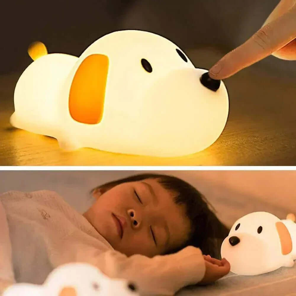 Papa Puppy Night Light with touch sensor control and soft silicone design used as a bedside lamp for kids.