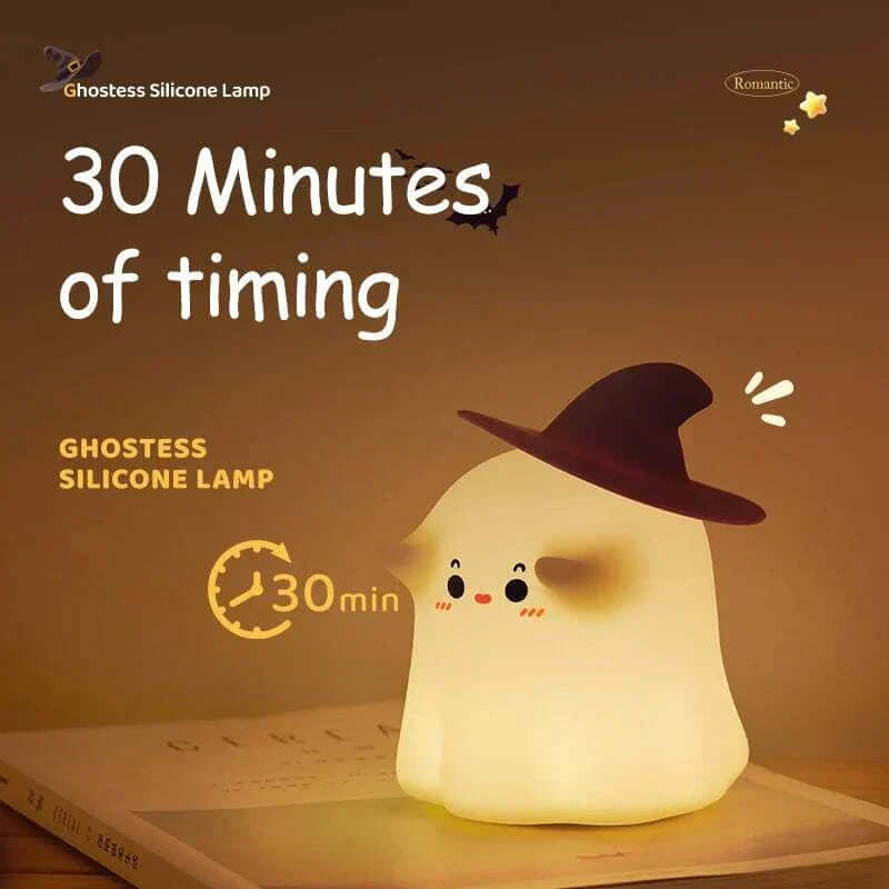 Ghost & Kiwi rechargeable night light with soft silicone design, featuring a cute ghost shape, ideal for kids' rooms and nurseries.