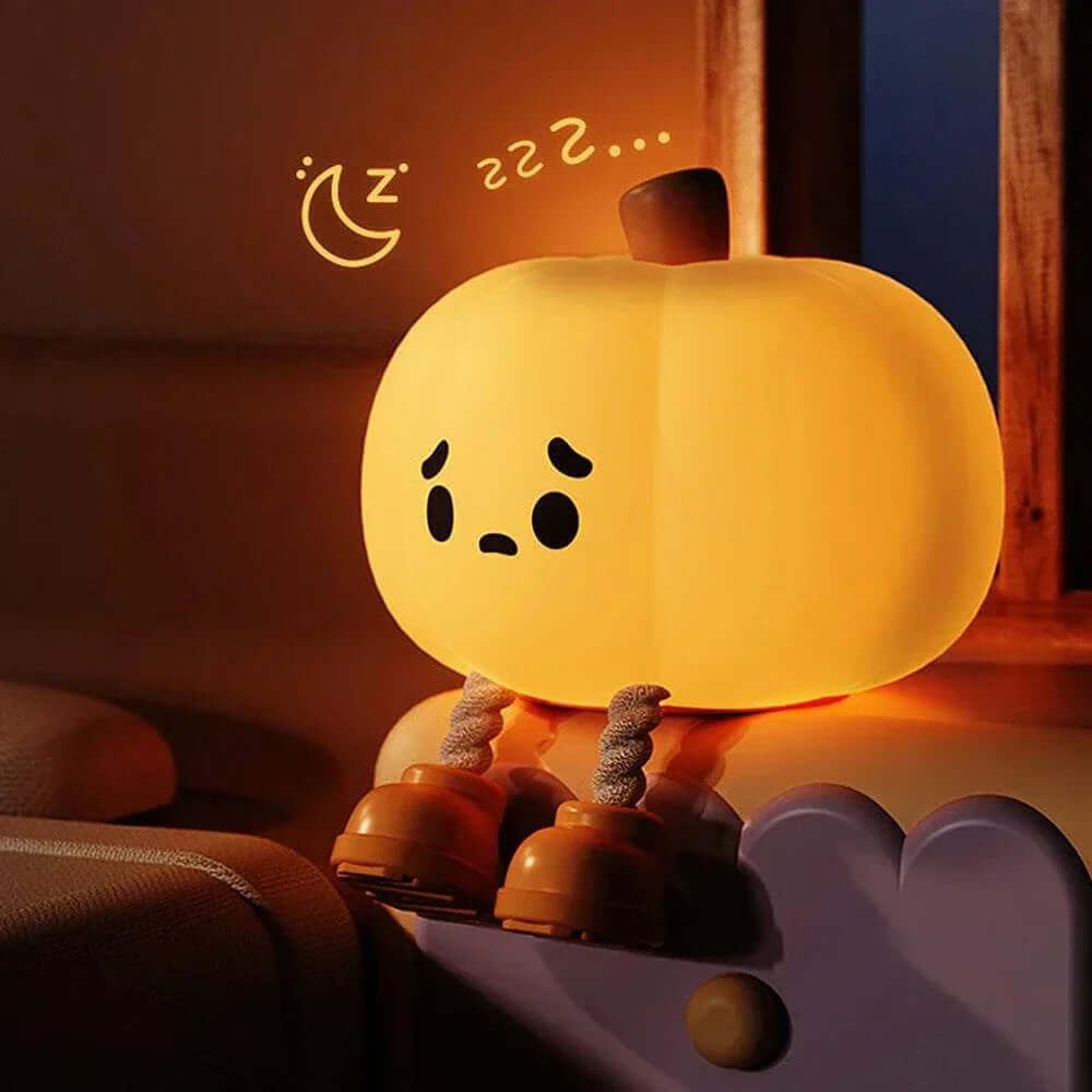 Cute Halloween Pumpkin Night Light in soft silicone with dimmable glow and timer feature.