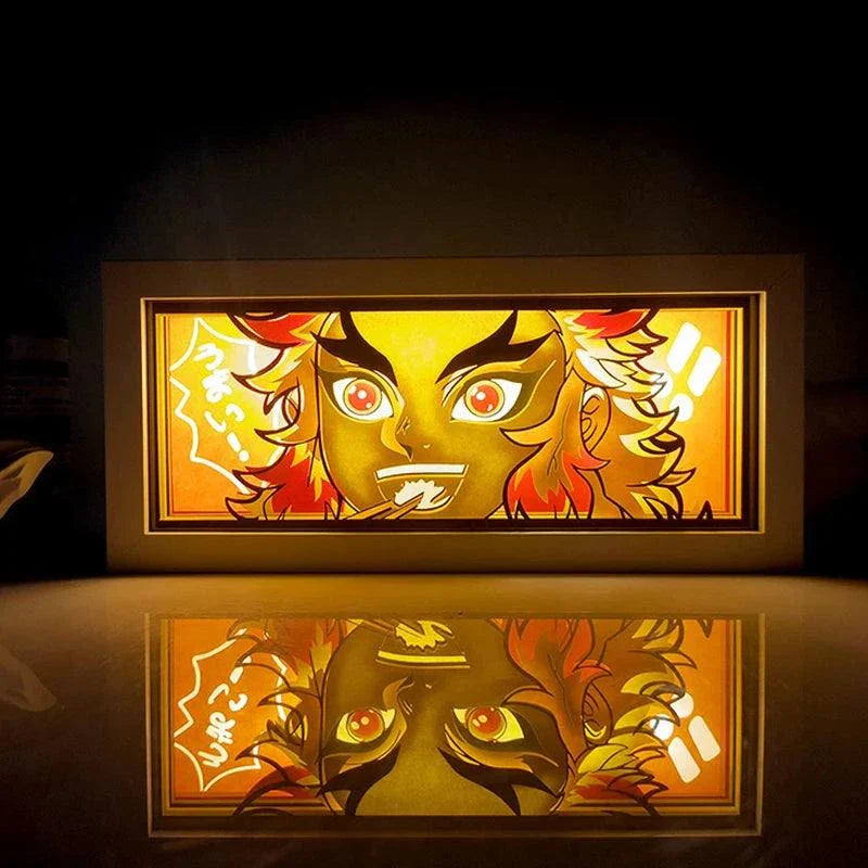 Kyojuro Rengoku Demon Slayer light box with fiery glow and iconic stance.