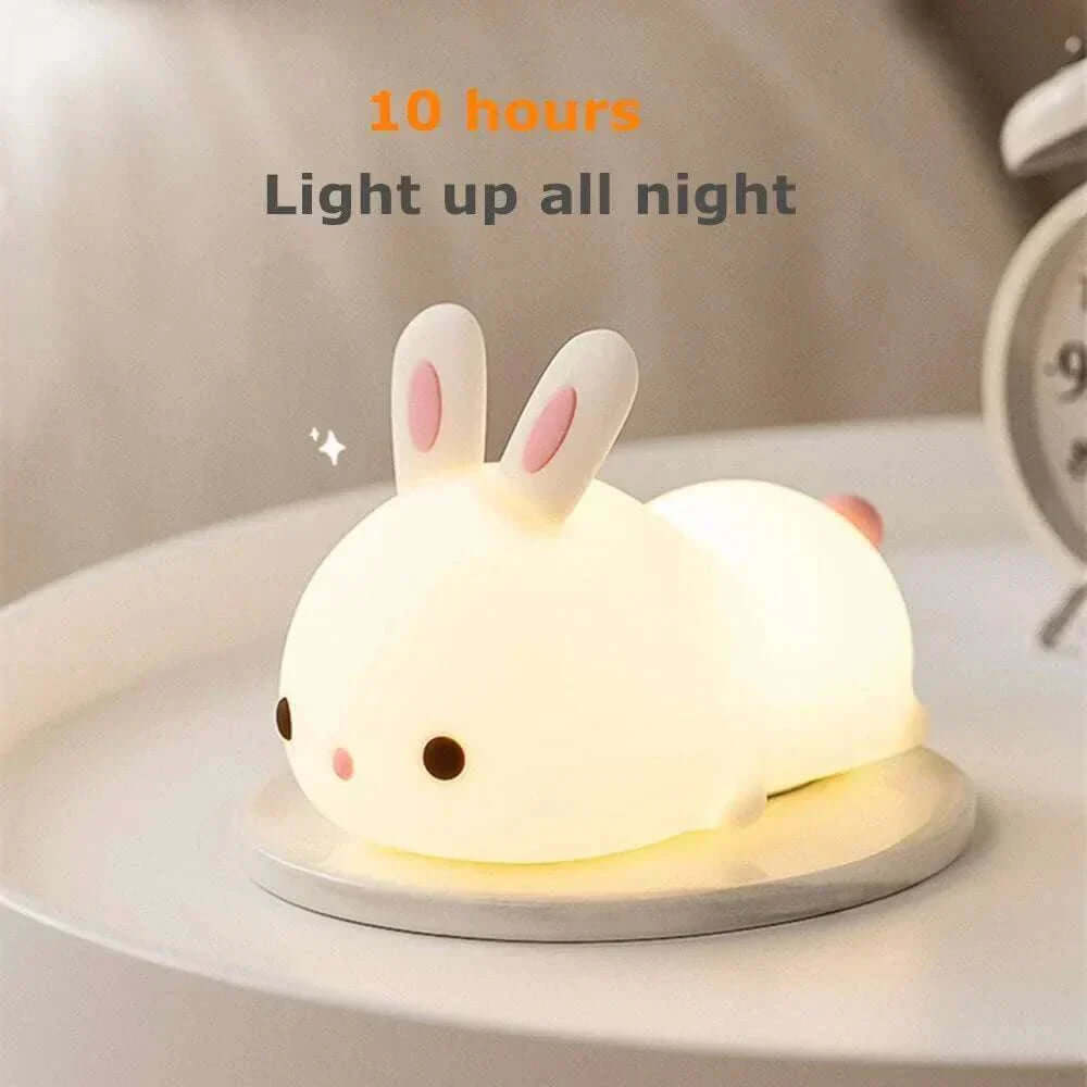 Baby Bunny Night Light in adorable bunny shape offers 10 hours of colorful glow, perfect for kids' rooms.