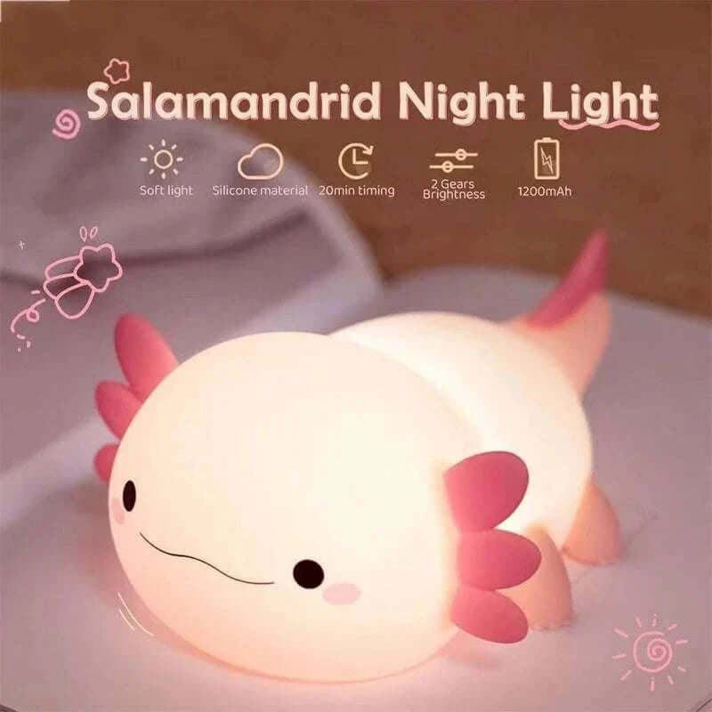 Axolotl Night Light with touch control and USB rechargeable, perfect for nurseries and kids' rooms.