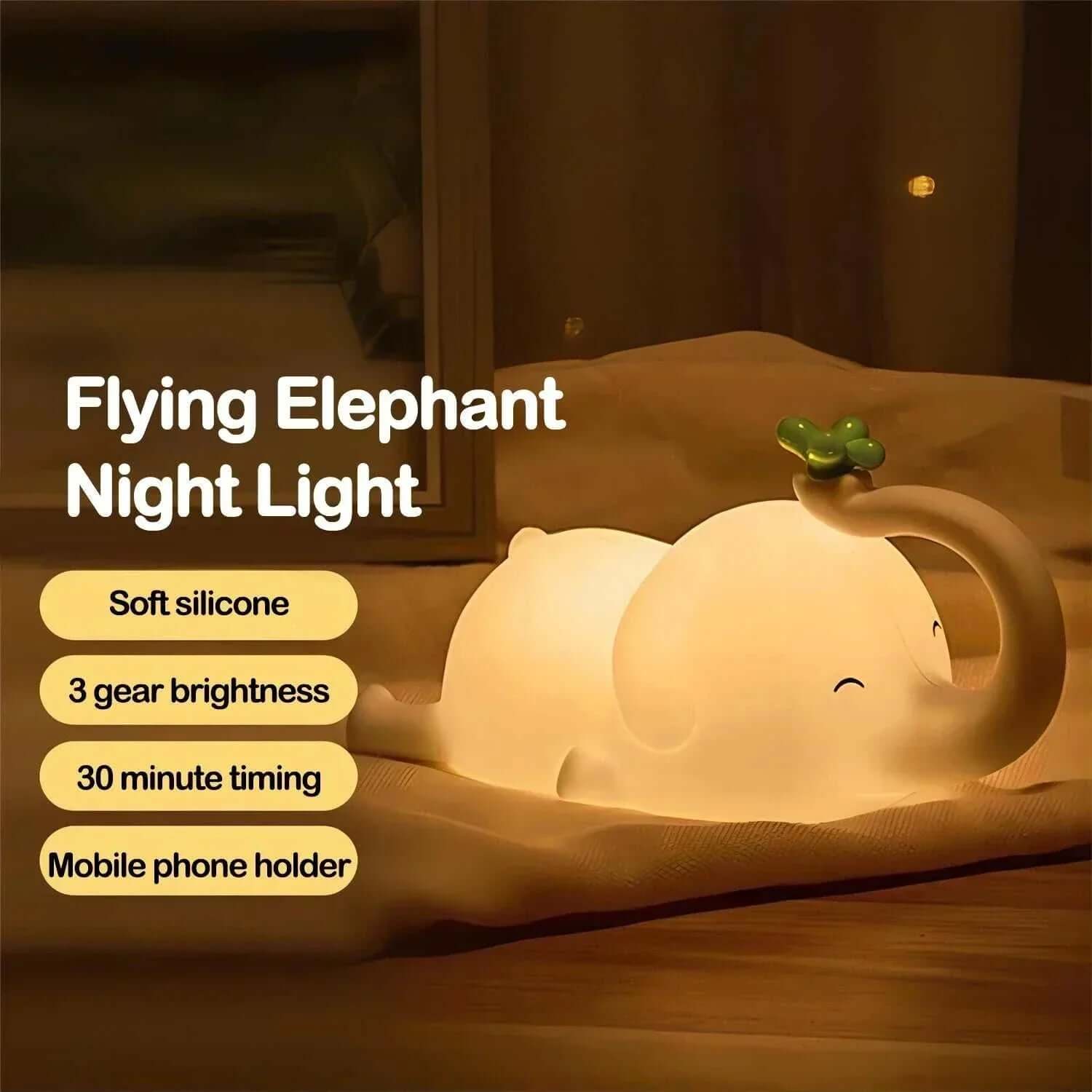 Baby Elephant Night Light with dimmable silicone design and timed setting for children's room.