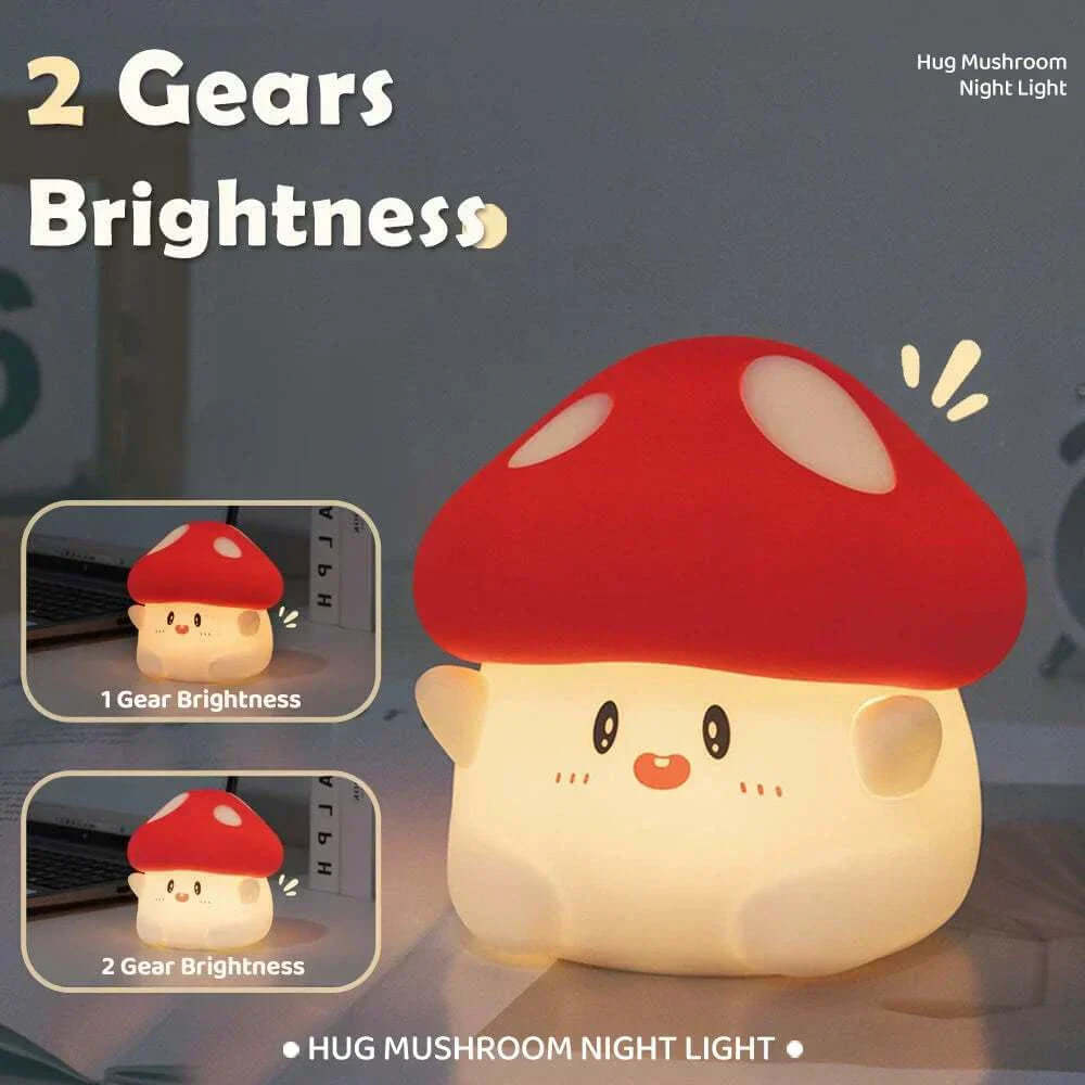 Adorable Mushrooms Night Light with dimmable silicone lamp and red cap design.