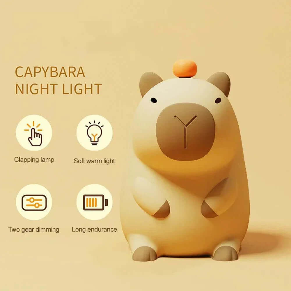 Cute capybara night light with dimmable soft glow, USB rechargeable, and child-safe silicone design.