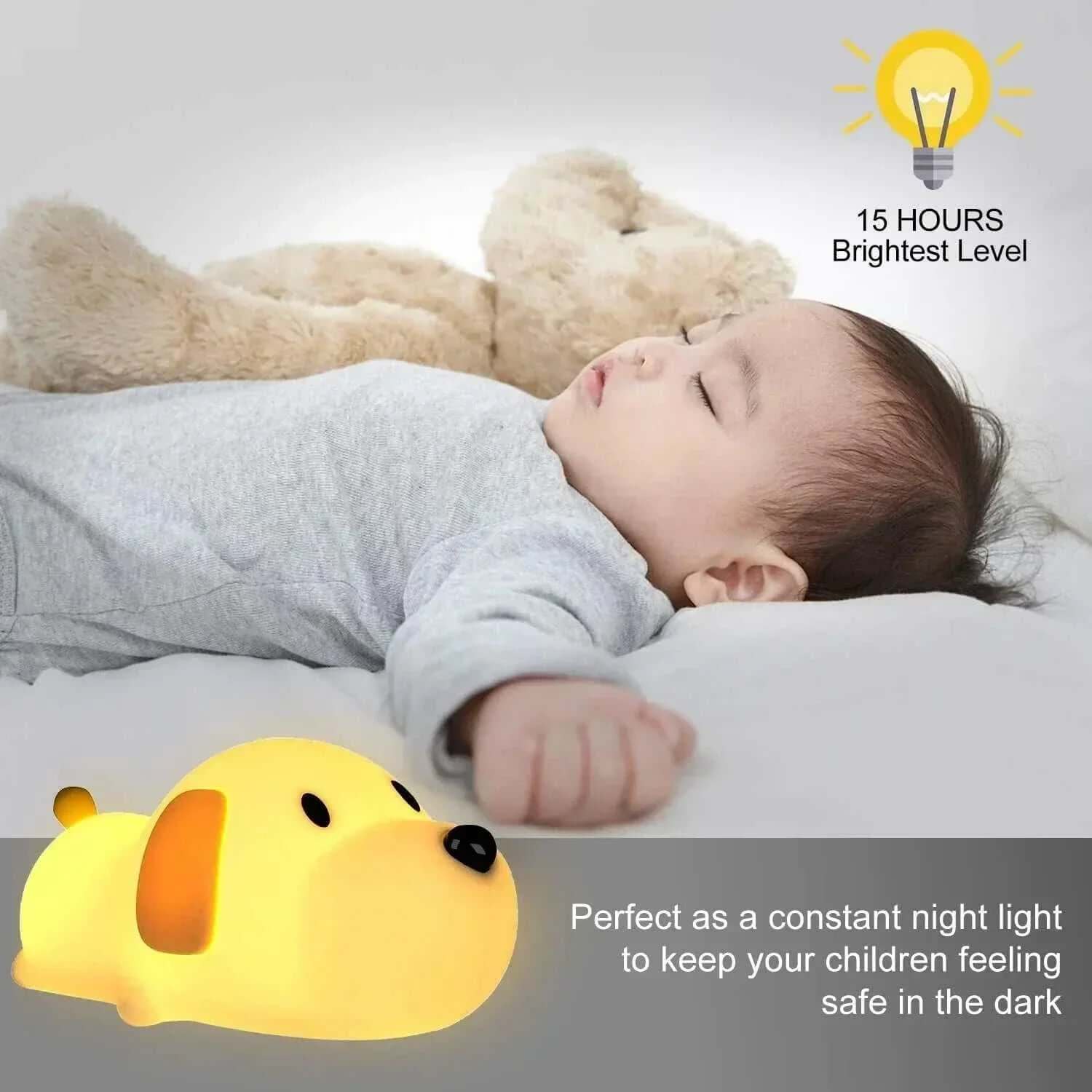 Papa Puppy Night Light illuminating a child's room with soft silicone design, touch sensor control, and energy-efficient LED.